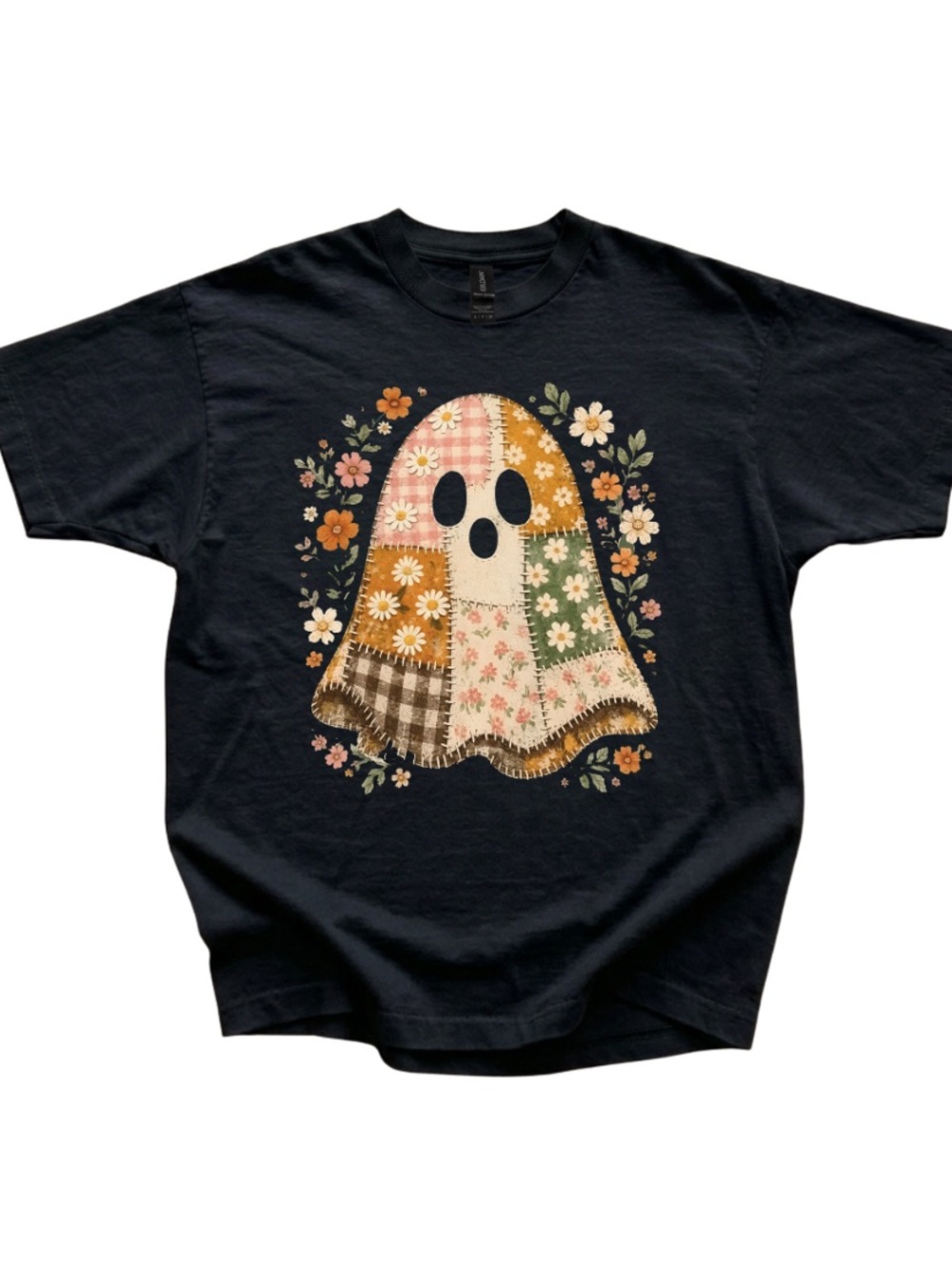 Gildan Black Short Sleeve Tee with Patchwork Floral Ghost Graphic